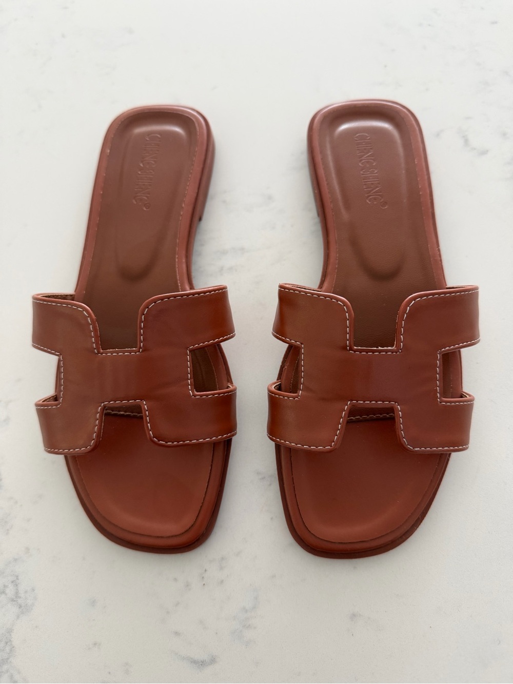 SHEIN Brown Leather-Look Slide Sandals